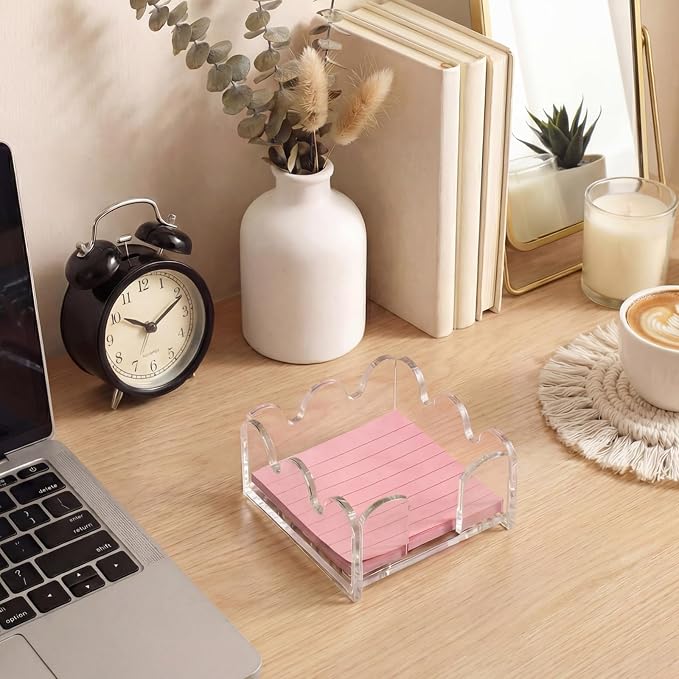Scalloped Acrylic Sticky Note Holder 3x3 Inch, Cute Wave Design Note Dispenser Clear Thick Desktop Memo Pad Organizer for Aesthetic Dorm Room, Home Office, Teacher Desk Decor Supplies
