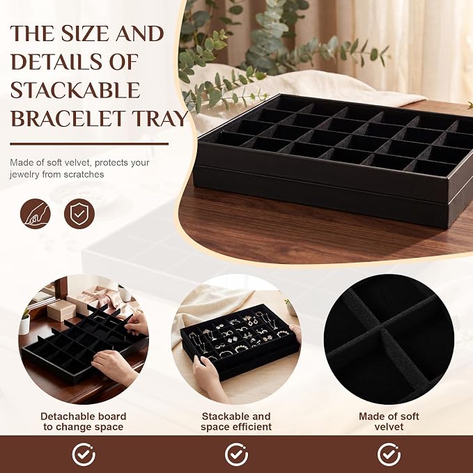 Unittype Set of 4 Stackable Jewelry Organizer Tray for Drawer Inserts Velvet Necklace Earring Bracelet Ring Holder Jewelry Display Storage Box for Bangle Stud Necklace Ring(24 Grid,Black)