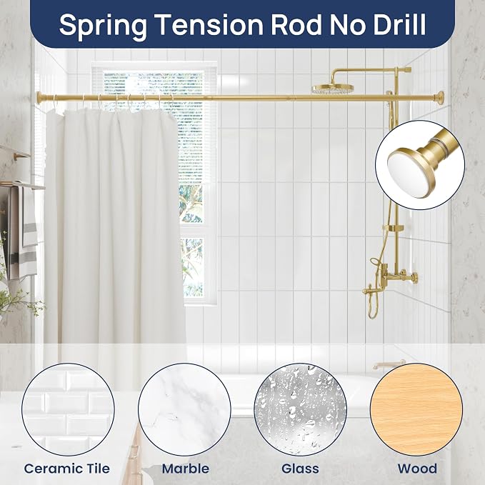 ENJOYBASICS Shower Curtain Rod 30 to 64 Inches, Stainless Steel Adjustable Spring Tension Rods No Drill for Bathroom, Closet, Window, Room Divider, Never Rust, Non Slip, Gold