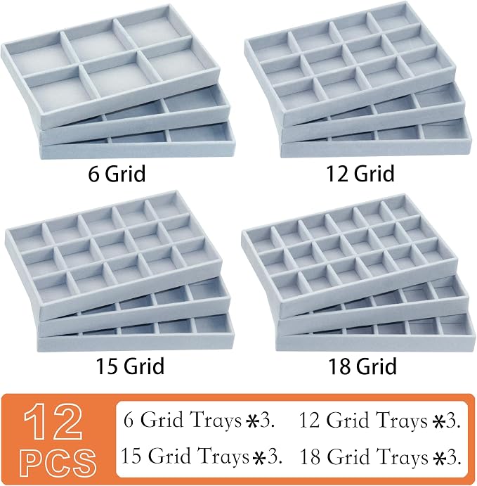 12 Pack Velvet Jewelry Drawer Organizer Trays Stackable Jewelry Storage Inserts Set Jewelry Tray for Earring Necklace Rings Bracelet with Removable Dividers for Dresser & Vanity