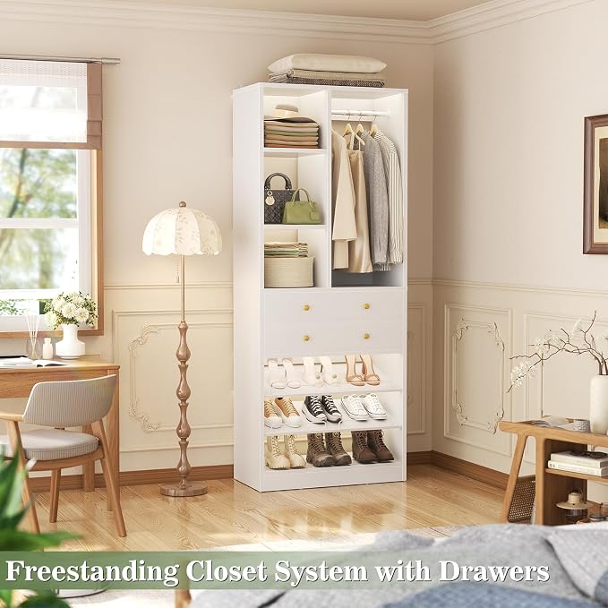 Besiost Small Closet System, 28"/2.3 FT Closet Organizer System with Drawers and Shelves, Walk-in Closets Systems for Small Closets, Free Standing Reach in Closet Tower, White