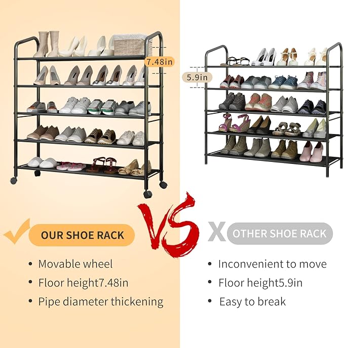 5 Tier Black Metal Shoe Rack Organizer Shoe Stand,Sturdy Rolling Shoe Shelves Storage Racks Organizer for Garage Entryway Closet Floor,with Wheels,31 Inches Wide,Fabric Shelves