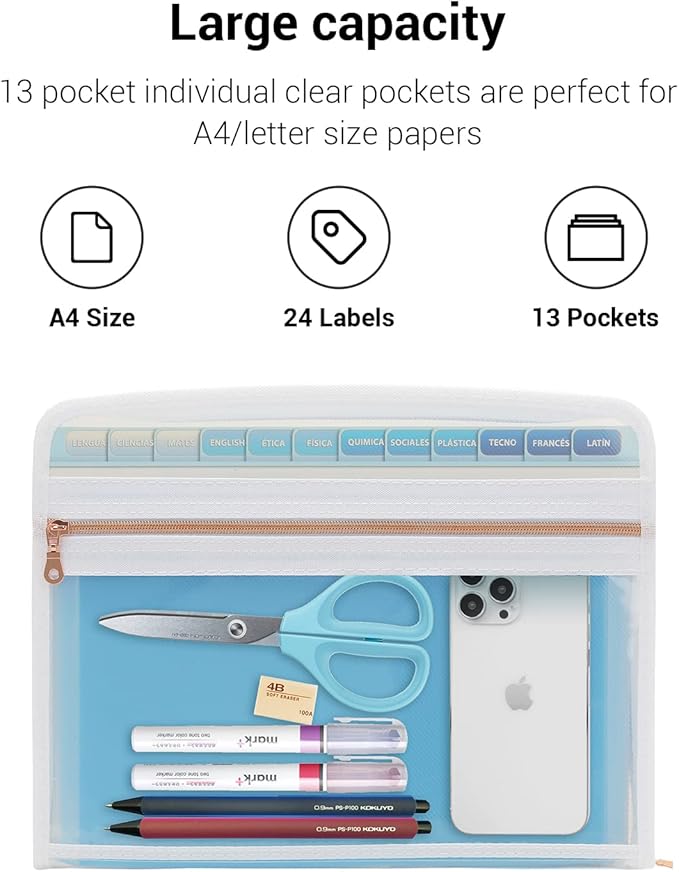 Mukawa 13 Pocket Zippered Expanding File, Zippered Accordion File Organizer, Accordion Folder with Zipper for Documents Letter Size A4 Papers (Blue)