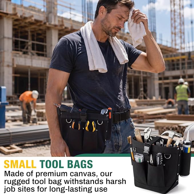 2 Pcs Tool Pouches 6" x 6" x 9", Small Tool Bags with Front Pocket, Tunnel Connection Double Reinforced Bottom, Belt Strap Connect, Bull Pin Loops for Spud Wrenches, Bolts & Outdoor Work