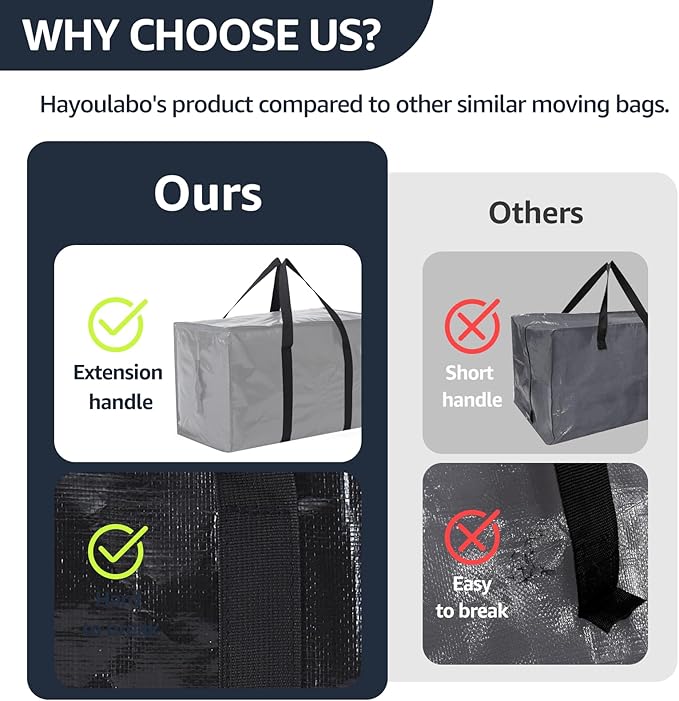 Moving Bags Heavy Duty Extra Large, Moving Boxes, Moving Supplies Essentials, Blue Storage Bins with Lids, Plastic Packing Totes, Storage Bags for Clothes with Handles & Zippers(Black, 6 Pack)