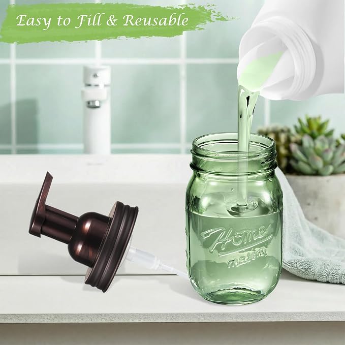 Amolliar Mason Jar Foaming Soap Dispenser, 16OZ Green Glass Hand Soap Dispenser, Plastic Pump & Stainless Steel Lid, Kitchen Dish Soap Bathroom Accessories, Farmhouse Soap Pump Bottle, Bronze 2 Pack