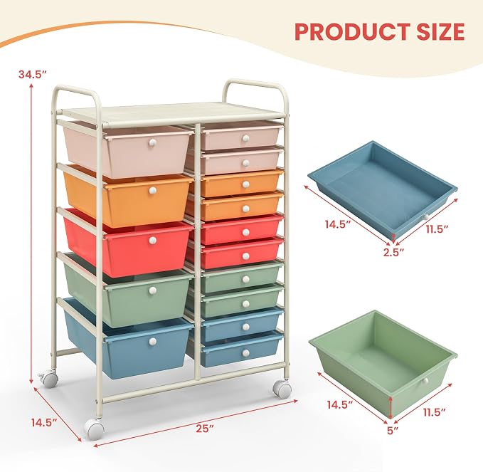 DREAMADE Rolling Cart with 15 Drawers, Rolling Drawer Organizer Cart w/Lockable Wheels, Removable & 2-Sized Storage Drawers, Art Cart for School Home Art Supplies Crafts File Scrapbook