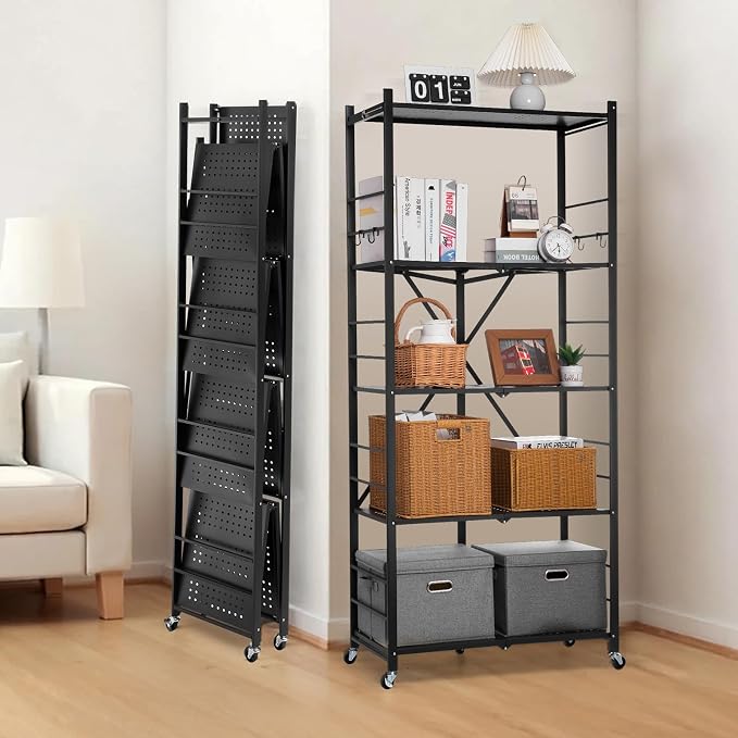 VEVOR 5-Tier Foldable Storage Shelf, 32W x 14D x 72H Inch Folding Metal Rack Shelving Unit, Heavy Duty No Assembly Organizer Shelf with 5 Wheels & 4 Hooks for Pantry, Kitchen, Garage, Basement, Black
