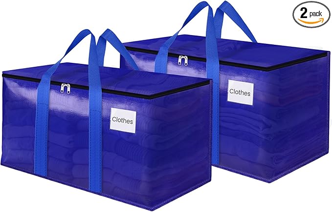 FabSpace Moving Storage Bags, Moving Supplies Packing Boxes for Moving, Camping, College Dorm Room Essentials for Girls, Blue Tote Bags, Heavy-Duty Storage Bins With Lids And Zippers, 93L 2 Pack