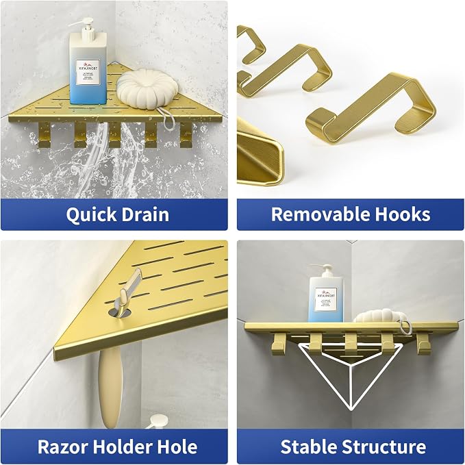 10‘’ Corner Shower Shelf | 304 Stainless Steel Shelves for Bathroom, Grout in Shelf with Hooks for Tiled Wall (Gold)