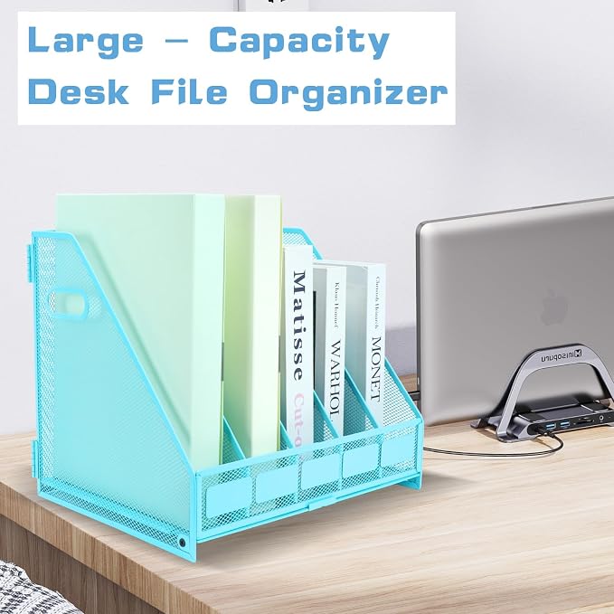 Desk Organizers Metal Magazine File Holder Racks Desktop Folder Storage Binder Organiser Document Organization for Home Office & Classroom,5 Vertical Compartments-Blue