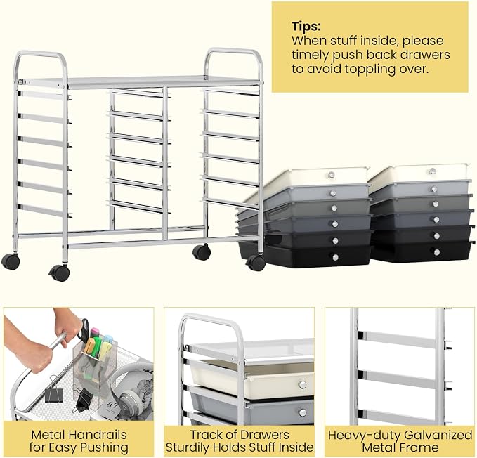 LDAILY 12 Drawer Rolling Storage Cart, Craft Cart Organizer on Wheels w/Metal Frame, Large Capacity & Smooth Drawer, Rolling Cart w/Drawers for Classroom, Office