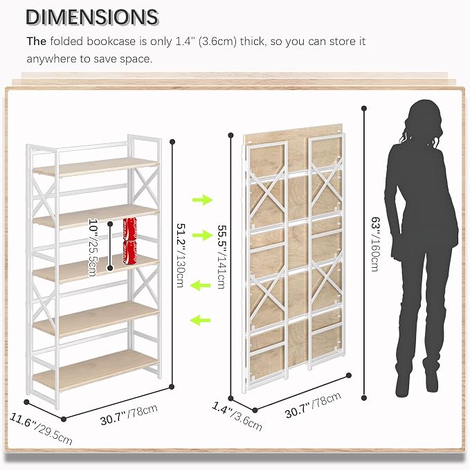 4NM Extra Wide 5 Tiers No Assembly Book Shelves, 51.2" H Folding Bookshelf Bookcase Open Industrial Foldable Shelves for Bedroom, Living Room, Home Office - Natural White