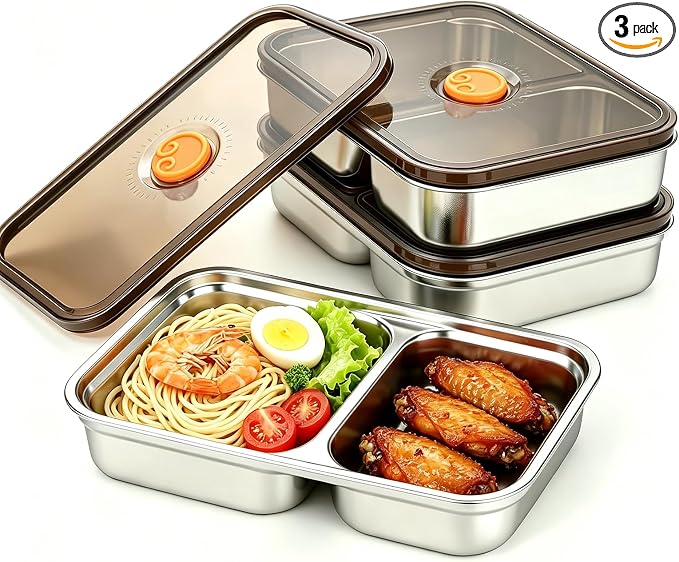 3 Pack Stainless Steel Bento Box with Lids 2 Compartment Containers | Metal Reusable Snack Lunch box Leak Proof Food Storage Container BPA Free Meal Prep Women Kids for Picnic, Office, Outside