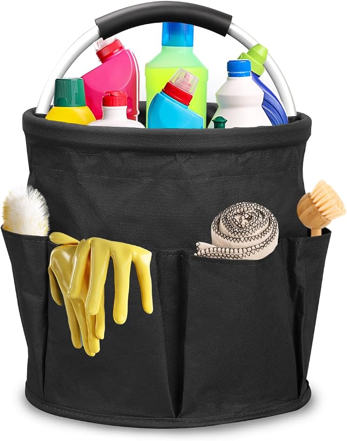 Qivine 17L Cleaning Caddy with Handle, Cleaning Supply Caddy (Black) | Cleaning Caddy for Cleaning Supplies, Portable Cleaning Supplies Organizer with 6 Pockets, Cleaning Bucket for Kitchen Garden