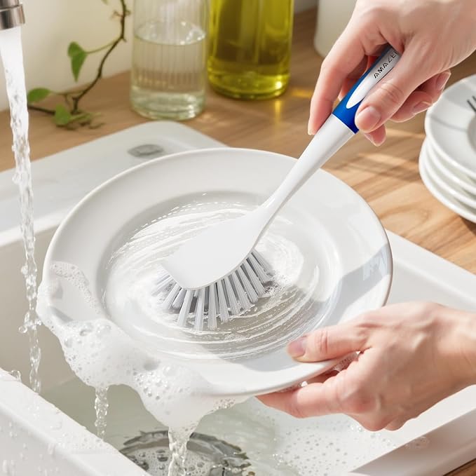 Amazer 4 Pack Dish Brush with Handle, Kitchen Scrub Brushes for Cleaning, Straw Cleaner Brushes for Water Bottle, Dish Scrubber with Stiff Bristles for Sink