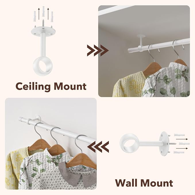 SUTINE Closet Rod, Closet Rods for Hanging Clothes, 17 to 37 inch Adjustable Ceiling/Wall mounted Closet Hanging Rod, Heavy Duty Clothes Rod Clothing Bar, Closet Poles for Hanging Clothes for Wardrobe