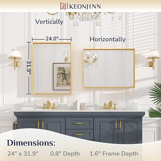 Keonjinn Gold Bathroom Vanity Mirror 24 x 32 Inch, Rectangular Wall Mirror, Aluminum Alloy Metal Frame Rectangle Modern Farmhouse Mirrors, Square Corner Framed Mirrors for Bathroom Sink