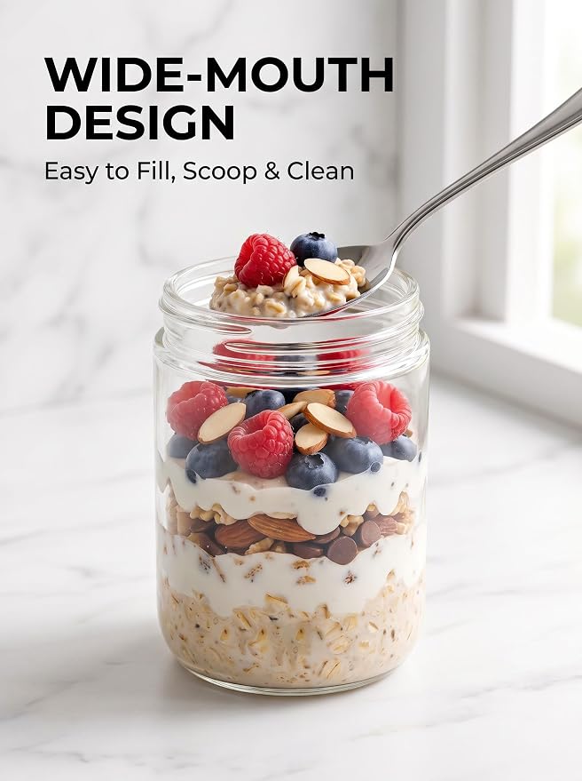 16oz 12-Pack Glass Overnight Oats Jars Containers with Airtight Leakproof Lids, Reusable Mason Jars for Meal Prep, Yogurt Parfaits, Smoothies, Salads & Healthy Breakfasts (D-16oz 12-Pack)