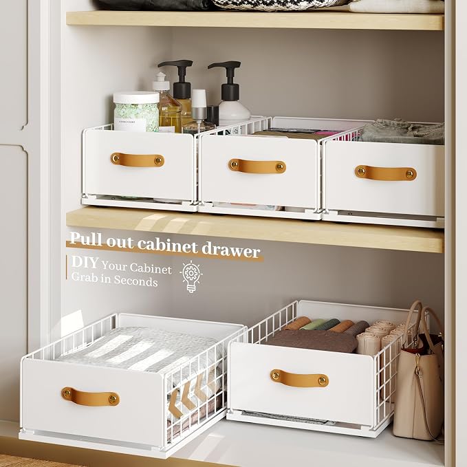 Pull Out Cabinet Organizer, 1 Pack No-Drill Pantry Drawers, Slide Out Shelves with Bamboo Risers for Lipped Cabinets,Ideal for Kitchen, Bathroom & Under Sink Storage (White, 11.8"Wide-15.7"Deep)