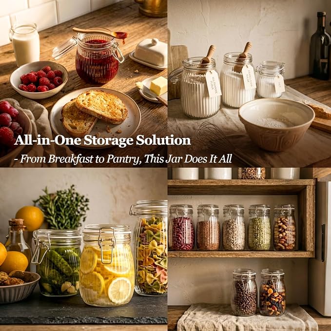 ComSaf Ribbed Glass Pantry Jars with Airtight Lids 34 oz 3 Pack Coffee | Flour sugar coffee beans, Fermenting pickling, Farmhouse pantry decor, Kitchen storage, Dry food storage, Sourdough starter