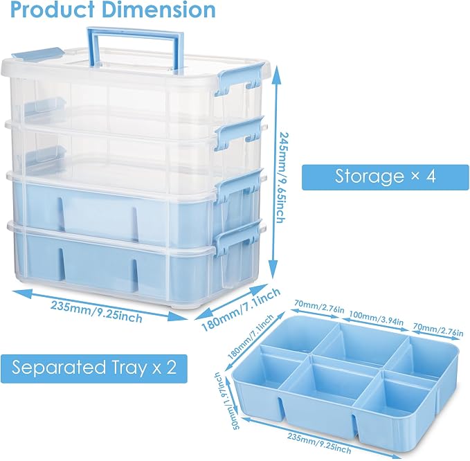 CraftGenes Art Supply Storage Organizer, 4-Tier 10 Qt Box, 2 Trays, Blue | Clear Compartments; Dual Removable Inserts; Carry Handle; Side Latches; Markers, Crayons, Brushes, Beads, Drawing Tools