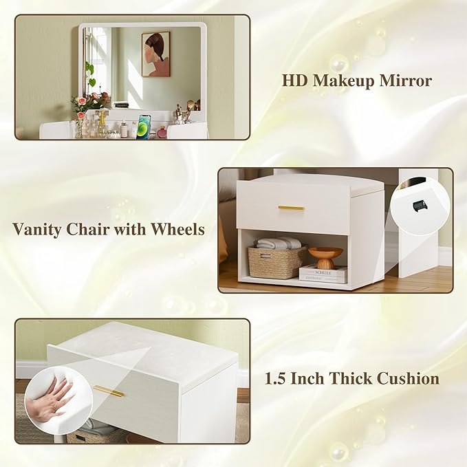 HUAHUU 3 in 1 Vanity Desk with Flip-up Mirror, Compact Vanity with 2 Fabric Drawers & Storage Cushioned Chair, Charging Station, Girls Small Vanity Nightstand for Bedroom, White