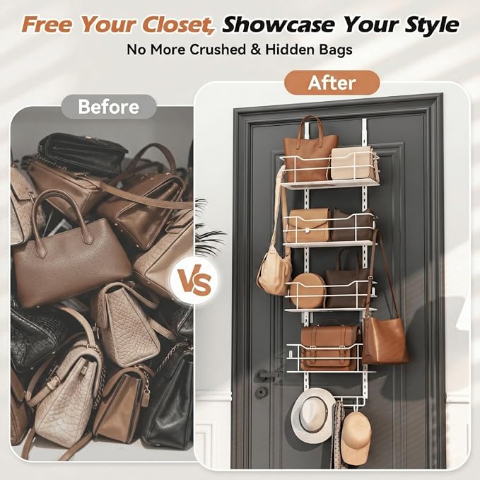 zacurter Over the Door Purse Organizer for Closet, Adjustable Metal Purse Bag Hanger Storage Rack for Door or Wall, Purses Bag Holder with Hook For Handbag,Tote