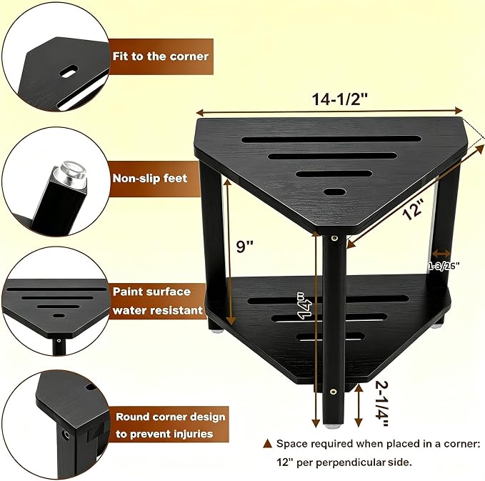 IBosins Corner Shower Stool with Storage Shelf Shower Foot Rest for Shaving Legs Small Bench for Inside Shower to Sit on Bath Seat - Acacia Wood, Black