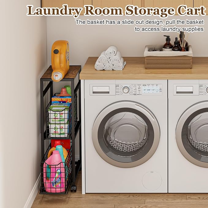 Hongtamoya 3 Tier Laundry Room Cart with Pull-Out Baskets, Utility Slim Storage Cart with Wheels Small Rolling Cart with Wood Top Metal Narrow Bathroom Laundry Room Organization Trolley, Black