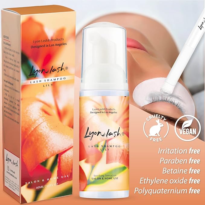 Lyon Lash Eyelash Extension Shampoo (Lily), Gentle Formula Paraben & Sulfate Free, Oil Free Foam Cleanser Kit | Remove Eye Makeup & Oil & Dust | Professional Salon And Home Use (60ml + 1 mascara wand + 1 cleansing brush)