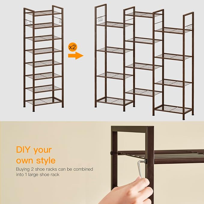 usikey 8 Tiers Narrow Shoe Rack 16-24 Pairs, Sturdy Metal Tall Shoe Rack with 4 Hooks, Slim Shoe Storage Organizer with Metal Shelf, Space Saving Vertical Shoe Shelf for Closet Entryway, Bronze