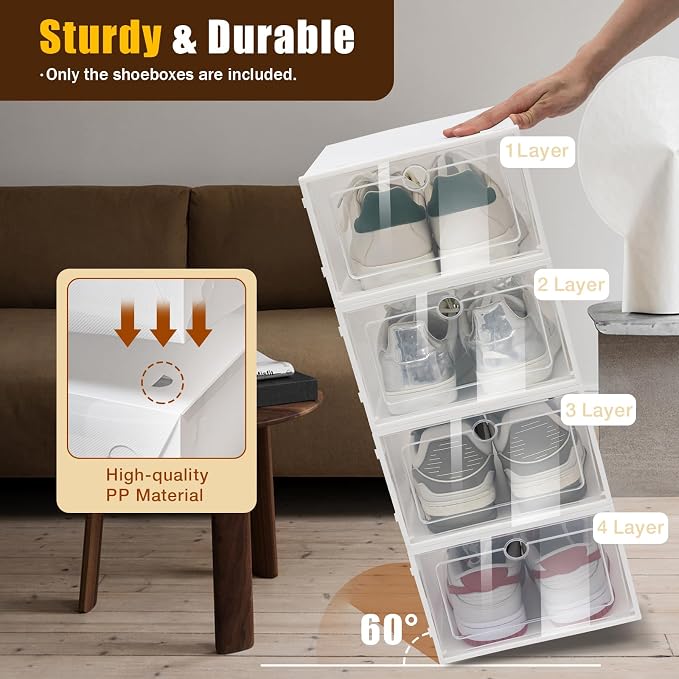 24-Pack Clear Plastic Shoe Boxes, Stackable Foldable Shoe Storage Containers with Lids for Closet Organization