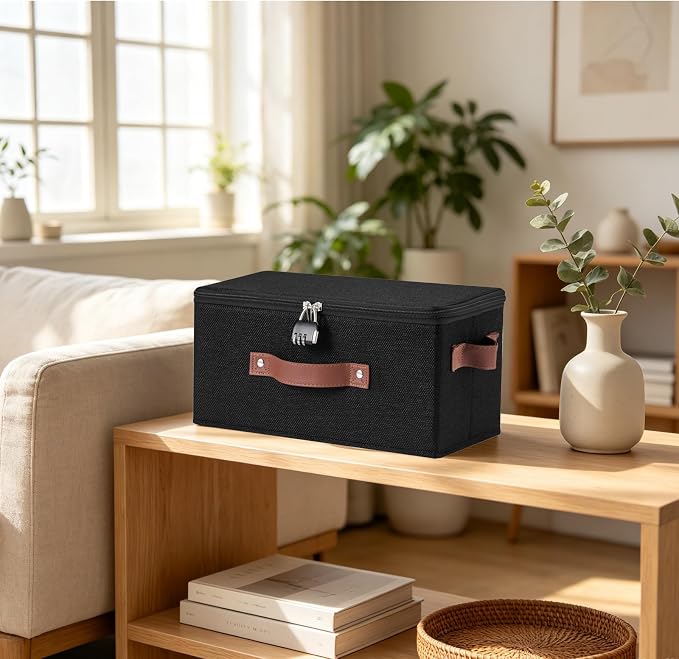 2PCS Storage Bins Box with Zipper Lid Combination Lock PU Leather Handles Cotton Linen Fabric Lockable Basket DVD CD Case Foldable Closet Shelf Organizer Container (Black, 13"x 6"x 6")