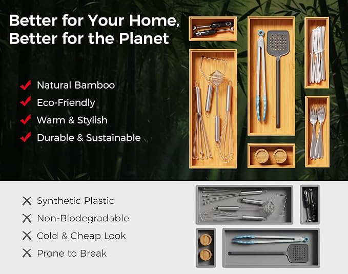 Bamboo Kitchen Drawer Organizer Boxes 12" x 6" Stackable Wooden Organizers | Set of 2 Wood Silverware Utensil Tray for Drawers Bins, Cutlery & Flatware Storage for Junk Drawer, Bathroom, RV