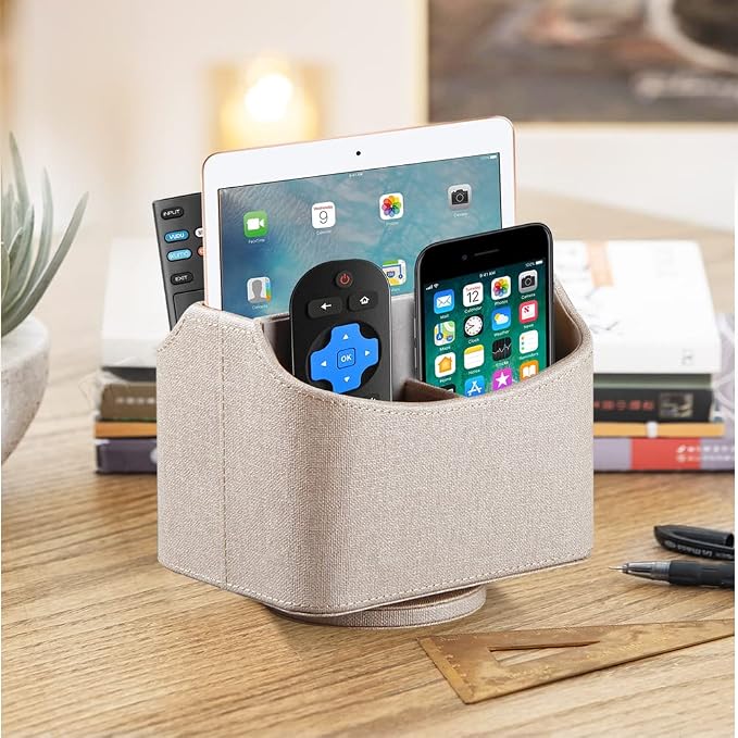 360° Rotating Remote Control Holder, PU Leather TV Remote Caddy Organizer Basket Storage Box with 5 Compartments for Pen, Pencil, Art Supplies, Makeup Brush, Office Desk Table Accessories | Nightstand Organizer Storage Box with 5 Compartments for Penci...