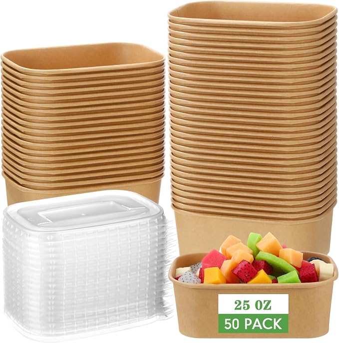 Maxdot 50 Pack 25 oz Disposable Food Containers with Lids Paper Food Containers Bowls for Meal Prep, Salad, Ice Cream, Yogurt, Soup Bowls Party Leftover Box