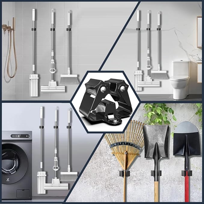 3-H Broom Holder Wall Mount 50 Pack, Heavy Duty Stainless Steel Mop and Broom Organizer Clips, Strong Grip Wall Mount Holders for Garage, Garden, Laundry Room & Utility Closet, Black