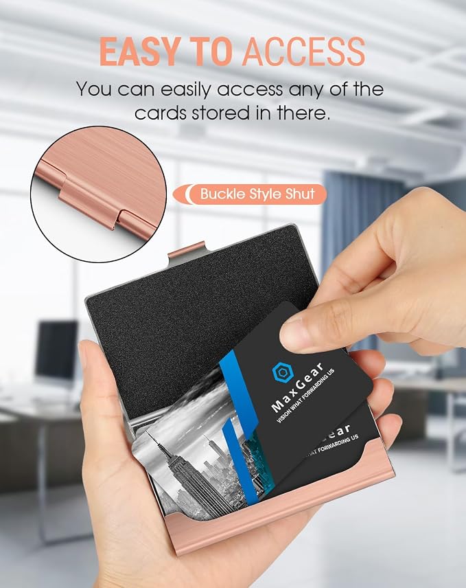 MaxGear Stainless Steel Business Card Holder, Slim Card Case, Rose Gold | Soft Interior Lining, Buckle Closure, Fits Standard Business Cards and Credit Cards