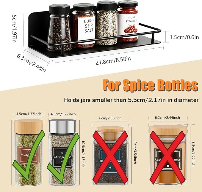 RECAPS Spice Rack Wall Mount 4 Pack, Black Metal | Space-Saving Spice Organizer, Adhesive Hanging Spice Rack, Seasoning Organizer for Wall Kitchen, Cabinet or Pantry Door