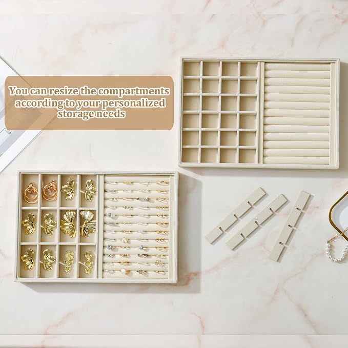 Large Jewelry Organizer for Drawer Insert Velvet Stackable Jewelry Trays for Earring Necklace Bracelet Ring Display (Beige, Ring and 24 Grids)
