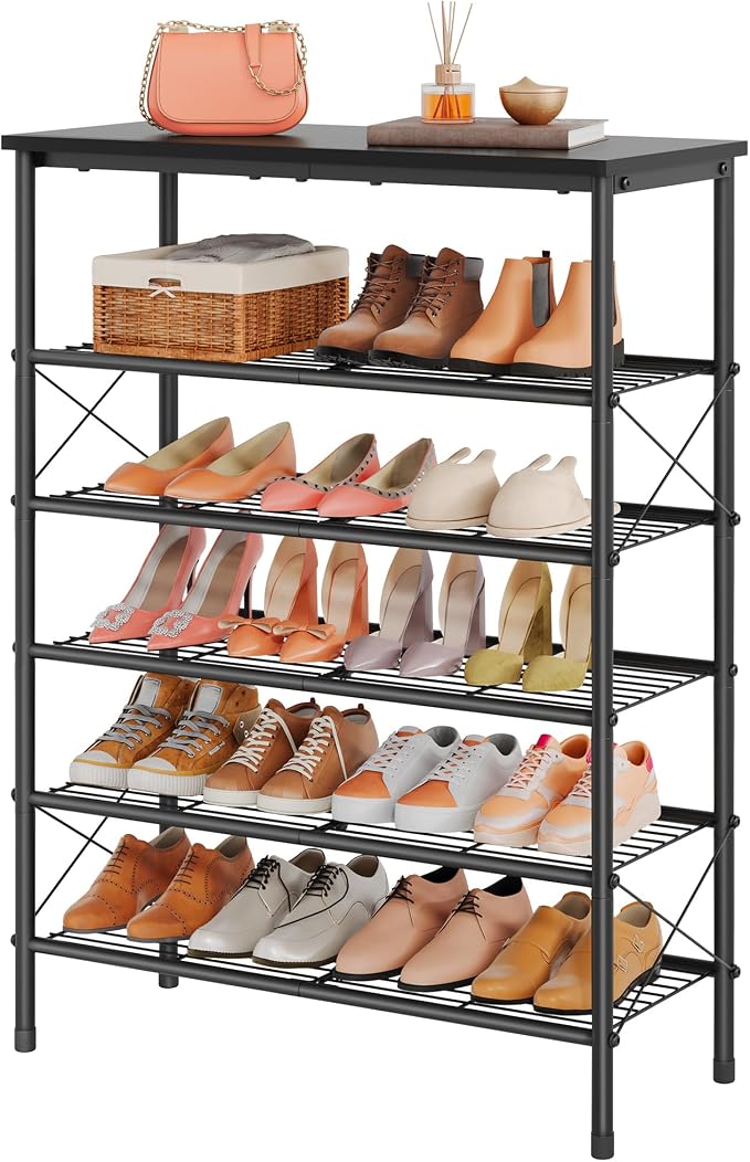 Tajsoon 6 Tier Shoe Rack for 20-24 Pairs of Shoes, Black | X Shape Fixed Frame, Metal Mesh Shoe Shelf, Industrial, For Closet, For Entryway Shoe Storage