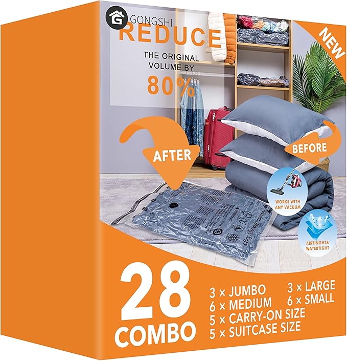 GONGSHI Vacuum Storage Bags, Space Saver Seal Bags For Clothing, Blankets, Comforters, Pillows, Clothes Storage,Travel Luggage.28 Combo