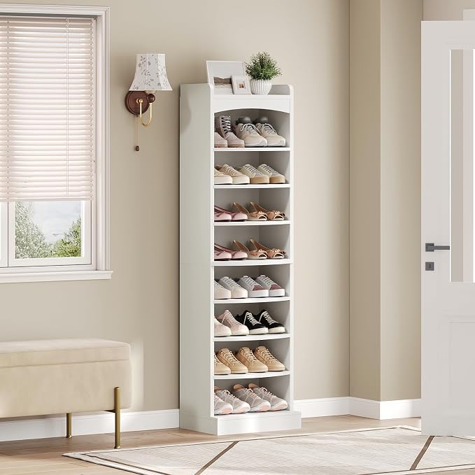 YATINEY 9-Tier Tall Shoe Rack, Wooden Shoe Storage Organizer, Narrow Shoe Cabinet with Removable Shelves for Small Spaces, Holds 18 Pairs of Shoes, for Entrance, Hallway, White SS22WT