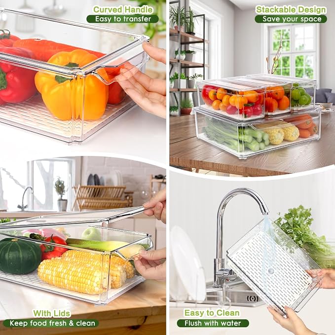 ZIJUND 4 Pack Fridge Organizer, Stackable Refrigerator Organizer Bins with Lids, BPA-Free Fridge Organizers and Storage Containers for Fruit, Vegetable, Food, Drinks, Cereals, Clear