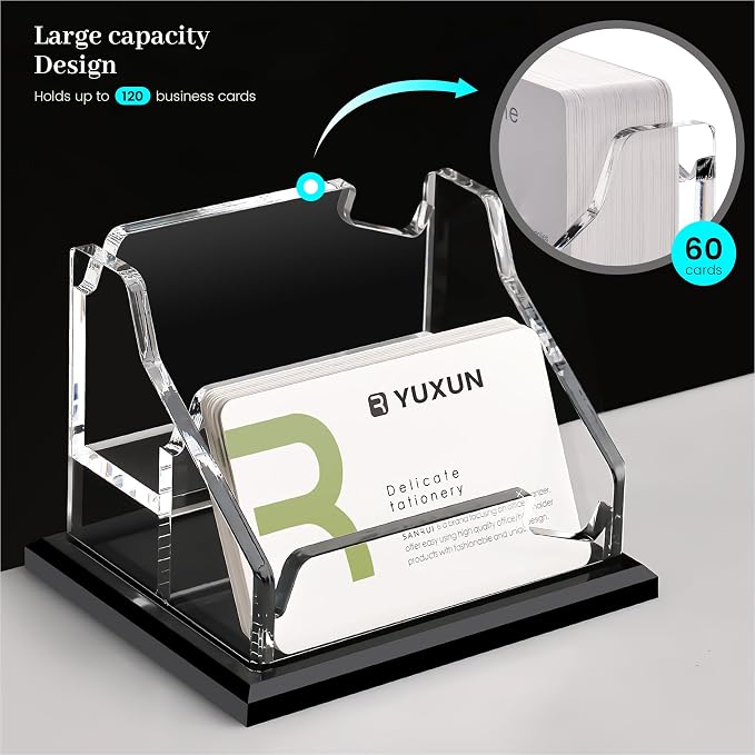YUXUN Black Business Card Holder for Desk-2 Tier 2 Slot, Acrylic Business Card Holder for Women Men, 100+ Business Cards Display Stand, Multiple Business Card Display for Exhibition, Home, Office