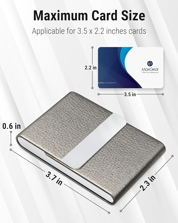 MaxGear Business Card Holder, PU Leather Business Card Case, Gray | Stainless Steel Interior, Magnetic Closure, RFID Blocking, Holds 15–25 Standard Business Cards