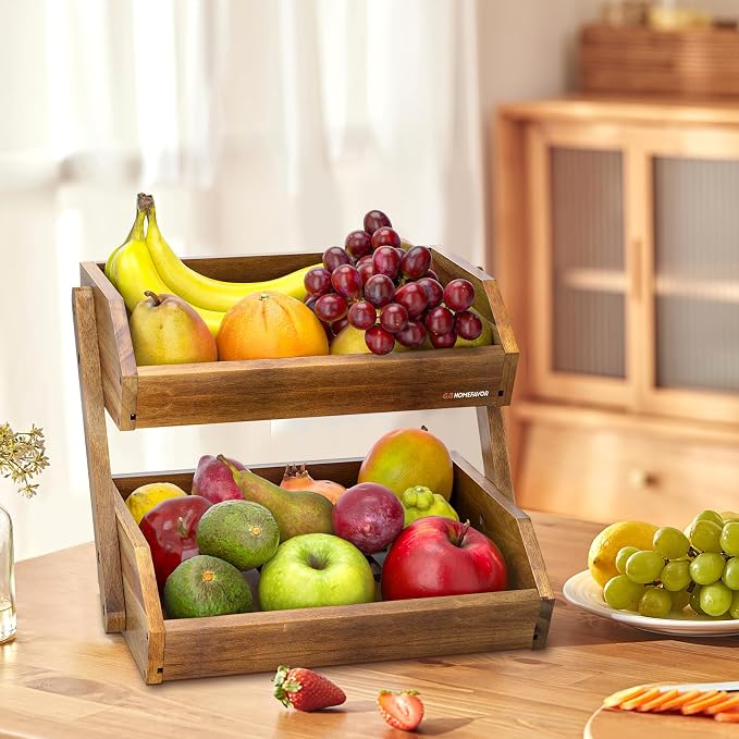 G.a HOMEFAVOR Fruit Basket: 2-Tier Acacia Wood Fruit Bowl for Kitchen, Fruit Stand Storage Holder for Vegetables and Snack Home Kitchen Countertop Organizer (Self-assembly)