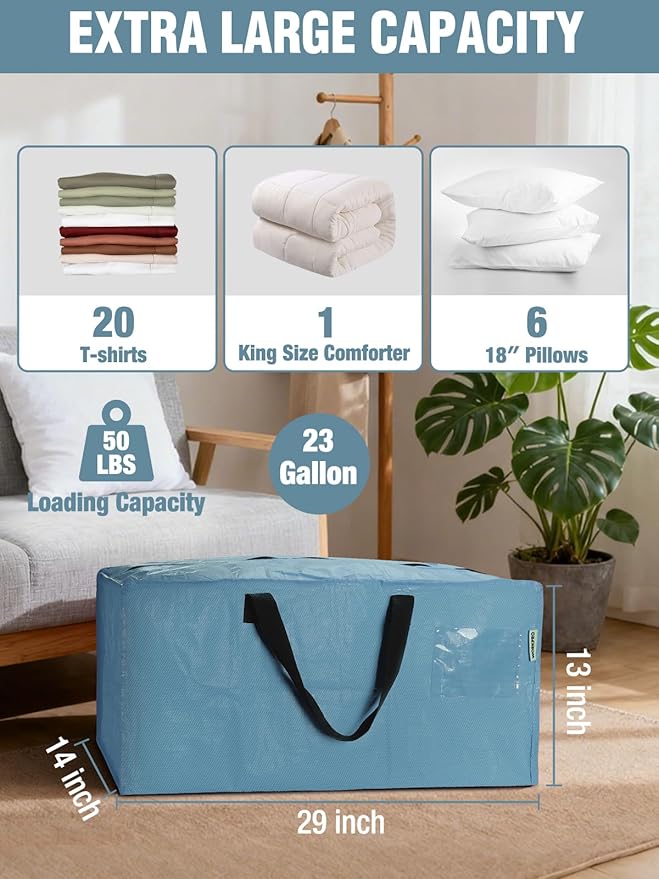 WORKPRO 2 Pack Extra Large Moving Bags with Zippers & Carrying Handles Backpack Straps, Heavy-Duty Storage Tote for Space Saving & Storage, Alternative to Moving Box (Dusty Blue)