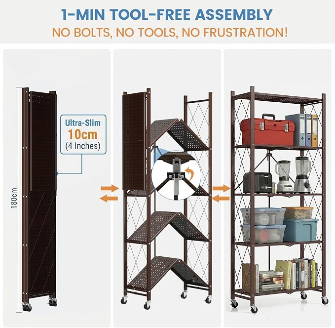 ALANNG 70.7" H Metal Storage Shelves, 5 Tier Folding Shelf on Wheels | Heavy Duty, No Assembly, Rolling, Collapsible Rack Unit for Kitchen, Basement, Pantry (Vintage Brown,4 Pack)